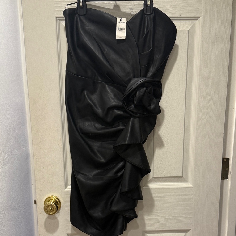 Express Black Faux Leather Strapless Ruffle Dress